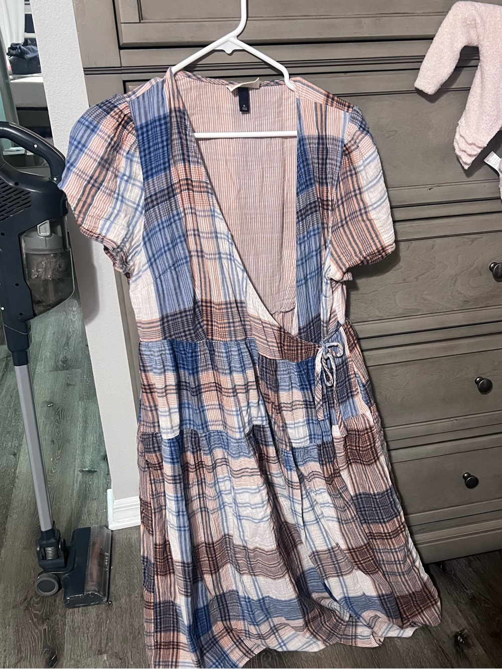 Universal Thread Plaid Wrap Dress in Blue and Tan